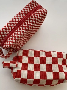 Red and white checkered velvet cosmetic bag with zipper and handle in two sizes