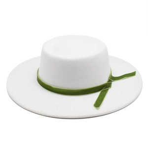 Elegant white wool felt boater hat with a dark green velvet ribbon trim on white background