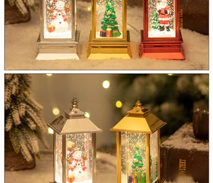 Macro view of festive water lanterns featuring vintage frames and shimmering snow effects