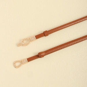 Brown leather waist belt with gold textured buckle for dresses and blazers