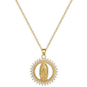 Luxurious gold stainless steel necklace with Virgin Mary pendant and sparkling crystals