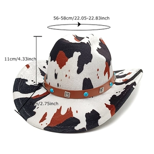 Cow print western cowboy hat with turquoise band and size dimensions marked