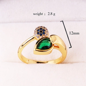 Adjustable gold ring with green pear-shaped zircon and blue crystal cluster accents