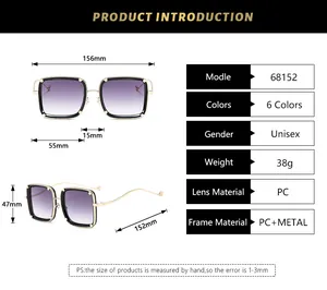 Detailed size chart for square oversized sunglasses with frame and lens measurements