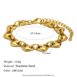 Pulsera de cadena con corazón de acero inoxidable chapado en oro de 18K para mujer