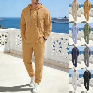 Men Casual Linen Blend Hooded Top And Pants Breathable Long Sleeve Vacation Beach Style Urban Fashion