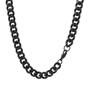 Collier chaîne cubaine noire en acier inoxydable avec fermoir mousqueton poli
