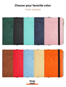 Detailed color palette of RFID passport holders with elastic straps and zipper pockets