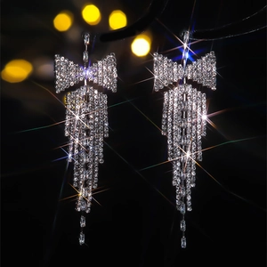 Elegant silver butterfly tassel earrings with sparkling white zircons for women