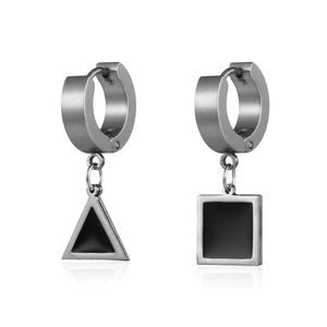 Detail of silver stainless steel hoop earrings with black geometric triangle and square charms