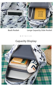 Detail view of large capacity backpack with camouflage pattern and laptop compartment