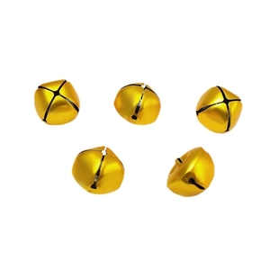 Five gold matte metal snowflake bells for Christmas tree decoration on white background
