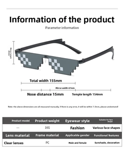 Detailed size chart for black pixel Thug Life sunglasses with precise frame measurements