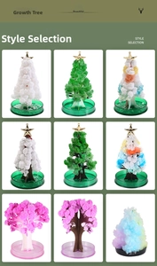 Detailed grid of colorful crystalline magic Christmas trees and cherry blossom styles