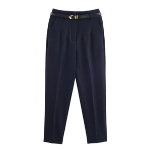 Women high waist straight casual trousers in dark navy with a matching slim belt