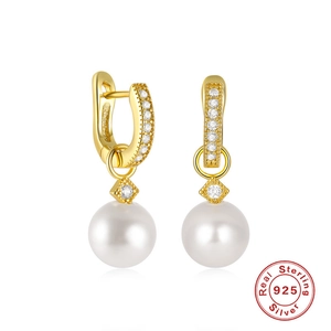 Elegant 925 sterling silver gold earrings with small zircons and white pearl pendant