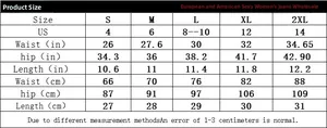 Detailed size chart for lace-up denim shorts including US sizes and measurements