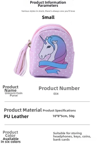 Detailed spec sheet showing pink unicorn PU leather coin purse and storage features