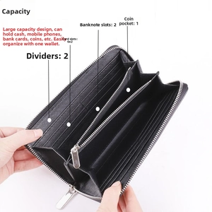 Detail of genuine leather wallet interior showing 12 card slots and double zipper pockets