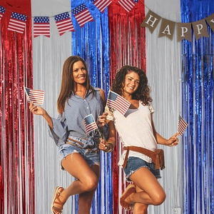 Red White Blue Foil Fringe Curtain Metallic Tassel Backdrop Independence Day Patriotic Party Celebration Decor Shiny Adhesive