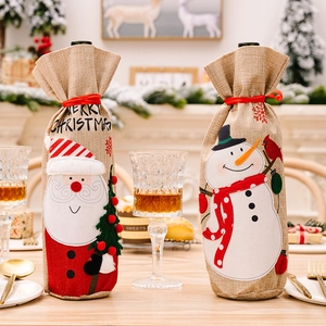 Housse De Bouteille De Vin De Noël En Toile De Jute Brodée Père Noël Bonhomme De Neige Décor De Table Sac Cadeau Festif