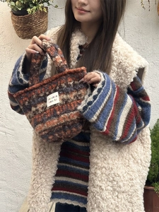 Multicolor knit plush tote bag featuring a striped texture and top handle for autumn winter