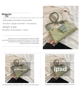Detailed view of green quilted PU shoulder bag with adjustable strap and size dimensions