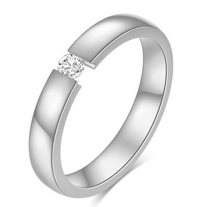 Minimalist 3mm silver stainless steel tension set ring with a single round diamond