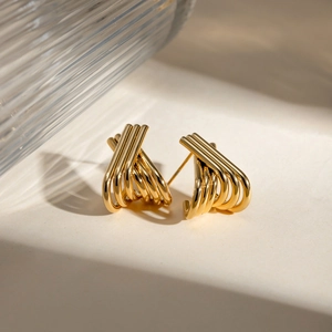 Minimalist 18k gold stainless steel X-shape earrings with a polished multi-layer design