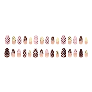 Retro almond press-on nails with 3D floral dots and pink-yellow French glitter finish