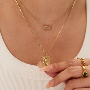 18K Gold Plated Stainless Steel Double Layer Necklace Sun And Moon Rectangular Zircon Pendant For Women