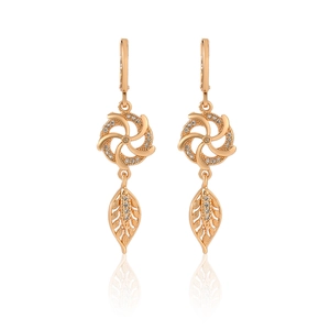 Champagne gold drop earrings with cubic zirconia and rotating leaf pendant details