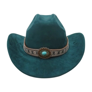 Close-up of deep teal felt cowboy hat with bohemian turquoise stone woven band detail
