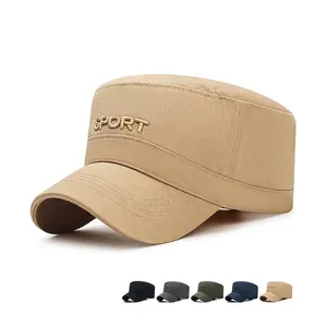 Men Cotton Cadet Cap Flat Top Hat Sport Embroidery Sun Protection Outdoor Adjustable Casual Military Style