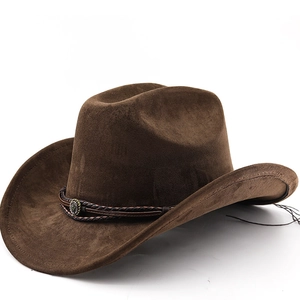 Western Cowboy Hat Suede Felt Wide Brim Retro Ethnic Style Sun Protection For Men Women Braided Leather Band Metal Buckle
