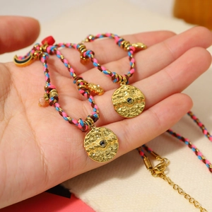 Retro 18K gold plated titanium steel pendant with colorful braided rope cord necklace