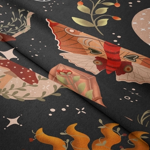 Detail of moth and mushroom botanical illustration on soft hanging tapestry fabric