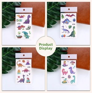 Detail shots of glitter dinosaur tattoo stickers with EG-107 to EG-110 cartoon patterns