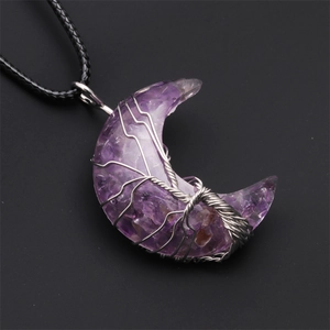Handmade crescent moon tree of life necklace with purple amethyst stone crystals