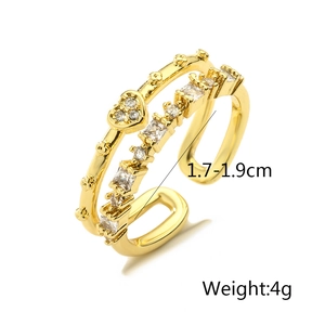 Detail view of gold-plated double-layer ring with zircons showing adjustable 1.7-1.9cm diameter