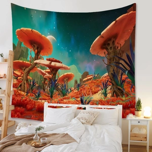 Detail of bohemian mushroom tapestry hanging on a bedroom wall with surreal planet design