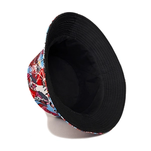 Graffiti print wide brim sun hat with red blue and white street art design for outdoor wear