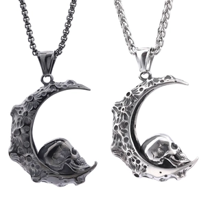 Gothic stainless steel crescent moon and skull pendant necklace in silver and black finish
