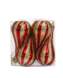 Detail view of 4 red and gold striped waterdrop Christmas ornaments in a PVC box