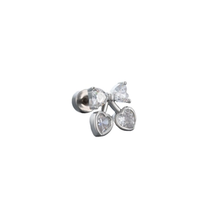 Silver bow stud earring with heart charms and cubic zirconia on a white background