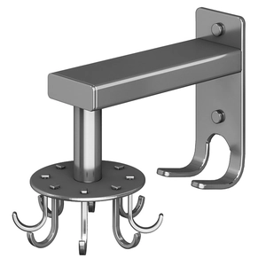 Wall-mounted silver rotating kitchen hook rack for utensils with a multi-prong design