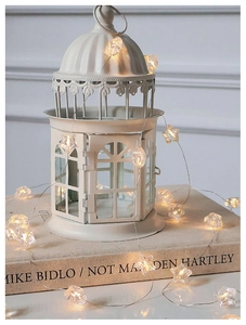 Detail of warm white star LED string lights wrapped around a white vintage birdcage ornament