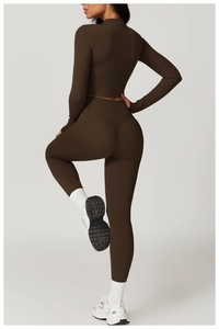 Chocolate brown two-piece yoga set with long sleeve crop top and high waist gym leggings