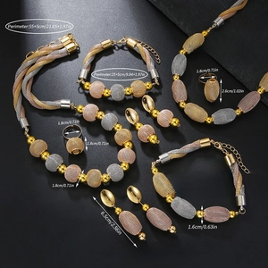 Detailed view of tricolor woven metal bead jewelry set with dimensions for necklaces