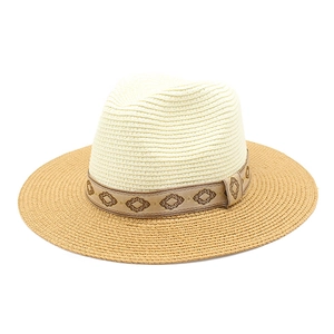 Straw Fedora Panama Sun Hat Two Tone Wide Brim Breathable Summer Beach Vacation With Geometric Ribbon For Women Men